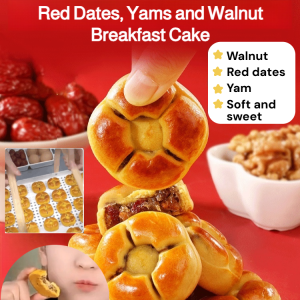 Whole grain breakfast cake with red dates yam and walnut filling for breakfast meal replacement