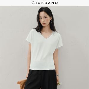 Giordano Women Lace trim v-neck dolman sleeve tee Free Shipping 18326625