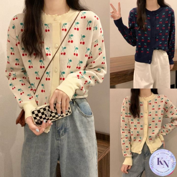 🎏Korea NEW เสื้อไหมพรมแขนยาว ผ้าหนานุ่มใส่กันหนาว ลายเชอรี่น่ารัก ...