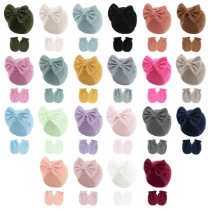 No Scratch Mittens Cotton Blend Turban Beanies Cap Gloves for Toddler 0-6 Months Breathable Baby Boy Girl Gloves Hat Set