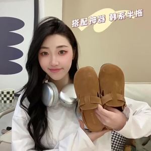 รองเท้าแตะหุ้มหัวหนังแท้สำหรับผู้หญิงสวมใส่ด้านนอก 2023 ใหม่ฤดูใบไม้ผลิย้อนยุคส้นแบนขี้เกียจรองเท้าแตะ Boken