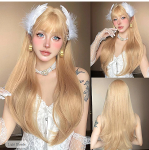 Long Wavy Blonde Wig with Bangs Heat Resistant Synthetic Hair Natural Looking and Soft Touch Perfect for Daily Wear Cosplay Party or Fashion Styling Easy to Wear and Maintain Comfortable Cap for All Day Use