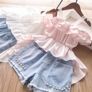 Bộ Quần Aó Trang Phục Bé Gái Mùa Hè Aó Lệch Vai Đuôi Tôm Hai Dây + Quần Sọc Denim