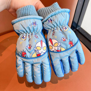 Children Ski Gloves Winter Cartoon Ultraman Boys Fleece Warm Waterproof Boys Cycling Five Fingers 3 to 6 Years Old