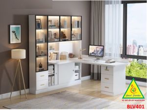 BÀN HỌC – BÀN LÀM VIỆC LIỀN KỆ GỖ MDF TỦ CÁNH KÍNH CÓ ĐÈN LED BLV401 - NỘI THẤT LẮP RÁP VIENDONGADV