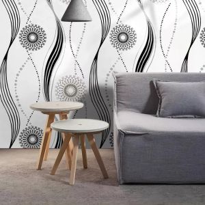 Wallpaper Dinding Motif Garis Spiral Warna Warni Ruang Tamu