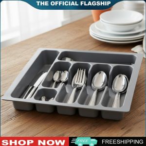 Kitchen Silverware Drawer Organizer Flatware Tray with Dividers for Forks Spoons in Durable Plastic