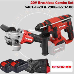 DEVON 20V Brushless Cordless Combo 5401-Li-20 20V Cordless Rotary Hammer 2908-Li-20-100 20V Cordless Angle Grinder 5219-Li-20 20V Cordless Impact Drill / Hammer Driver Drill