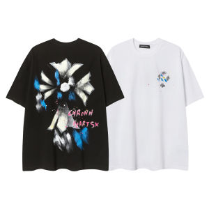 Chrome Heartsˉ เสื้อยืดแขนสั้นผ้าฝ้ายหลวมพิมพ์ลายกราฟิกแบบวาดด้วยมือสไตล์แบรนด์ดังสุดฮิตประจำฤดูร้อน