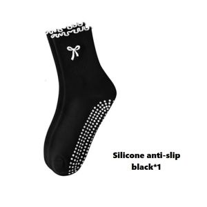 Women Yoga Socks with Ruffle Cuff & Bow Embroidery Silicone Non Slip Grip Pilates Home Floor Socks