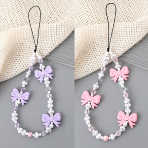 [fenggongshuode] Simple Cute Kawaii Bowknot Beaded Phone Chain Fashion Delicate Keychain For Women Girls Sweet Bag Decoration Accessories Gifts