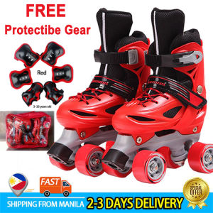 Roller Skates for Kids 4 Wheels Double Row Adjustable Roller Skates Shoes for 3-16 Years Old Beginners Roller Skates Size 27-38# Free Protective Gear Outdoor Sport