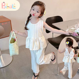 Setelan putih anak perempuan import/setelan anak perempuan katun murni/setelan pita/setelan kotak kado