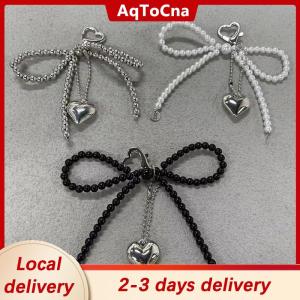 [COD] AqToCna Ship within 24 hours Delicate Beaded Key Chain Handmade Pearl Bow Shaped Pendant Keyring Heart Keychain Ornament Pearl Decoration For Bags Phones
