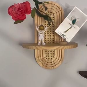Home&Life.8 Rattan Wall Shelf Solid Wood Floating Rack Handmade Vintage Decor Storage Display Bonsai Stand
