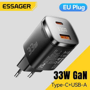 Essager 33W GaN USBA Type C Charger Digital Display PD3.0 QC4.0 Fast Charging For iPhone16 15-8  iPad Macbook For Xiaomi15 Huawei Poco Samsung Tablet Mobile Phone Digital Display A+C GaN Charger
