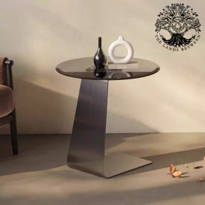 Bàn góc sofa cao cấp bàn phụ nhập khẩu cafe INOX CURVED EDGE chân thép 5mm kính cường lực 3c