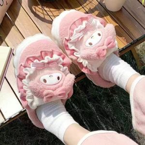 Winter Fluffy Slippers Pompom Purin Cinnamoroll Soft Plush Slippers Kawaii Me Melody Kuromi KT Cat Warm Fur Slippers