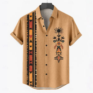 ZEEMIN Vintage Mens Shirt Ethnic Harajuku Print Outdoor Casual Hawaiian Shirt Lapel Short Sleeve Top Male Oversized Clothing