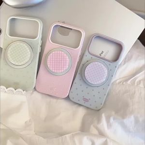 Korean Candy Polka Dots With Grid Pattern Magnetic Bracket Phone Case For IPhone 17 16 15 13 14 12 Pro Max Shockproof Soft Cover