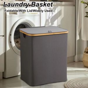 MECOME ใหญ่ ตะกร้าซักผ้า รุ่นเกรย์ พร้อมฝาปิด ตะกร้าผ้าสกปรก ใหม่ แบบพับได้ ตัวจัดเก็บ ห้องซักรีดในบ้าน