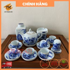 Freeship - Bộ ấm chén men lam kẻ chỉ vàng Bát Tràng tích Trúc Lâm Thất Hiền dáng chóp lửa ấm trà cao cấp loại 1 Bát Tràng