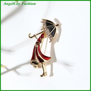 AngelCity Fashion Store Rhinestone Girl Wearing Umbrella Collar Brooch Pins Jewelry Gift