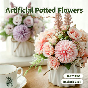 【SG ready stock】Artificial Potted Flowers with 16cm Ceramic Pot Realistic Silk Rose & Dahlia Fake Flower Arrangement No Watering Home Table Desktop Wedding Party Decor