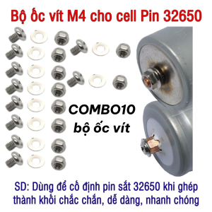 Bộ ốc vít M4 cho Pin sắt LifePO4 32650 pin đầu vít hàng cao cấp không rỉ có chặn ren (10 cặp đôi)