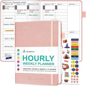 JUBTIC Undated Hourly Weekly Planner 8.5"x11" Sunday Start Half-Hourly To-Dos Notebook Daily Monthly Appointment Book with Goal & Habit Tracker Academic Planner 2025 with Softcover Rose Gold