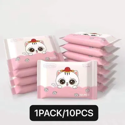 Korean Cute 10pcs/pack of Pocket Size Wet Wipes Tissue Wet towel Non-woven Cloth Wet Towel(NON-ALCOHOL convenient/travel/baby