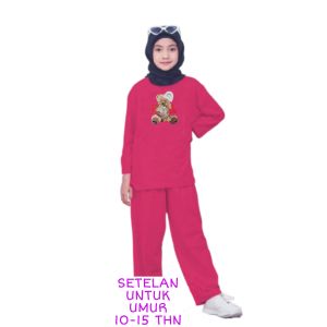 Setelan Anak Perempuan Terbaru 2023 Bahan Kaos Babyterry One Set Anak Remaja 10 -15 Tahun beruang