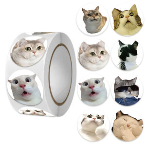 500PCS Round Funny Cat Lover Stickers Cat Emoji Gift Stickers Cute Animal Vinyl Waterproof Stickers