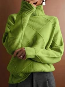 Plus Size Womens Casual Solid Diamond Lattice Long Sleeve Turtleneck Knit Pullover Sweater Perfect for Winter2026
