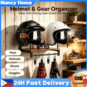 Wooden Wall Mounted Motorcycle Helmet Rack With 2 Hat Stands Country Style Helmet Holder Motorcycle Gear Organizer with Key Hooks Helmet Display Rack for Bikers and Cycling Sports Gear