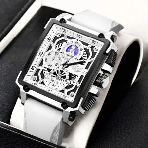 LIGE New Men Watches Luxury Hollow Square Sport Watch For Men Fashion Silicone Strap Waterproof Quartz WristWatch+Box