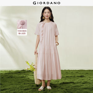 Giordano Women Ribbon flower decoration round neck raglan woven dress - High Quality Free Shipping 18466709