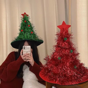 Christmas Tree Hat Sequin Party Headwear For Adults Kids Xmas Photo Prop Holiday Decoration With Red Nose