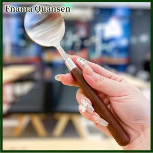 Fnama ช้อนซุปสแตนเลสแบบความคิดสร้างสรรค์ช้อนลายไม้แบบพกพาสำหรับไอศกรีมของหวานช้อนอุปกรณ์ในครัวสำหรับช้อนโต๊ะ