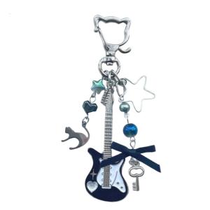 Playful Cats Design Electric Guitar Keychain Sturdy Beaded Artwork Compact Decoration For Backpacks Cards And Lovely Aesthetics