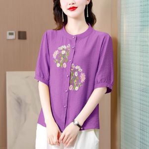 LUCKIN STORE Top for women Cotton Linen Embroidery Top Womens Short Sleeve Ethnic Blouse Cotton Linen Shirt 2025 Summer New Plus Size T-Shirt