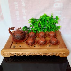Bộ ấm trà tử sa khắc nổi cao cấp gốm sứ Bát Tràng
