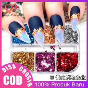 6 Grid/Kotak Flakes Foils Untuk Nail Art Manikur Foil Stiker Kreatif Menggemaskan Tekstur Mengkilap Hiasan Kuku Stiker Partikel Foil Nail Art DIY