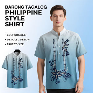 【Oufisun】Barong Tagalog For Men Modern Shirt 2025 Asean Attire For Men Vintage Ethnic Style Barong Tagalog Shirt Business Office Short Sleeved Bohemian Outdoor Loose Breathable Quick-drying