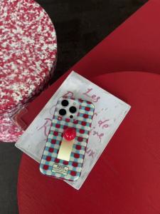 Korean Ins Red blue Grids Ring Buckle Phone Case for iPhone 16 15 14 13 Pro Max Back Cover Fund