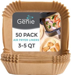 KITCHEN GENIE Heavy Duty BPA-Free Air Fryer Liners Non-Stick Parchment Paper Sheets for Easy Clean Cooking Fits 5-8 QT Basket Microwave Toaster Oven Unbleached 6.5 Inch Square 50 PCS