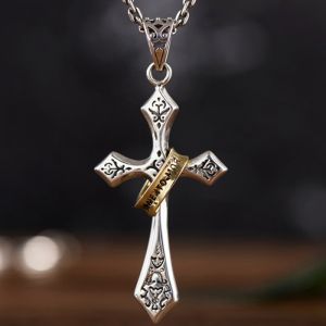 S925 Vòng cổ mặt thánh giá đơn giản hình quầng tròn Đức Mẹ Maria bằng bạc sterling Mặt dây chuyền cá nhân hóa thời trang dành cho nam giới làm quà tặng Vintage Cross Necklace Mens Fashion Personality Long Sweater Chain Gold Ring Imitation Thai Silver
