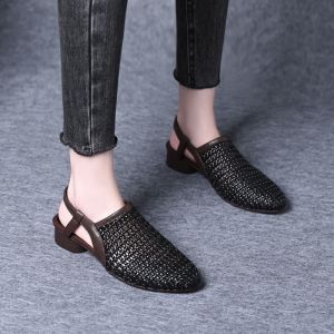 Free Shipping Hollow-Out Woven Sandals Fashionable And Casual Summer Footwear Breathable Summer Shoes With A Chunky Heel And Pointed Toe WomenS Single Shoes