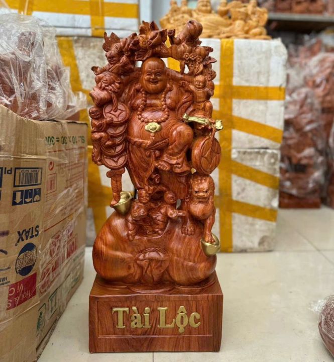 Tượng phật di lặc ngũ phúc gánh đào tài lộc bằng gỗ hương nguyên khối cao 70cm, 80cm - Di lặc đứng tài lộc