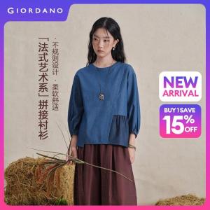 Giordano Women 100% cotton asymmetric hem denim blouse Free Shipping 18346821